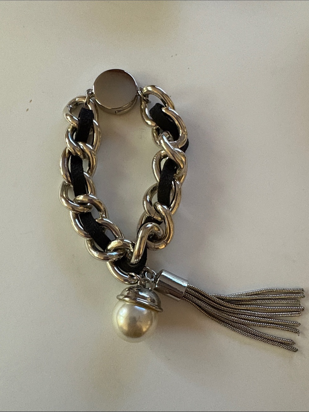 Silver Chain Bracelet with Black Leather Weave and Pearl Charm magnetic clasp